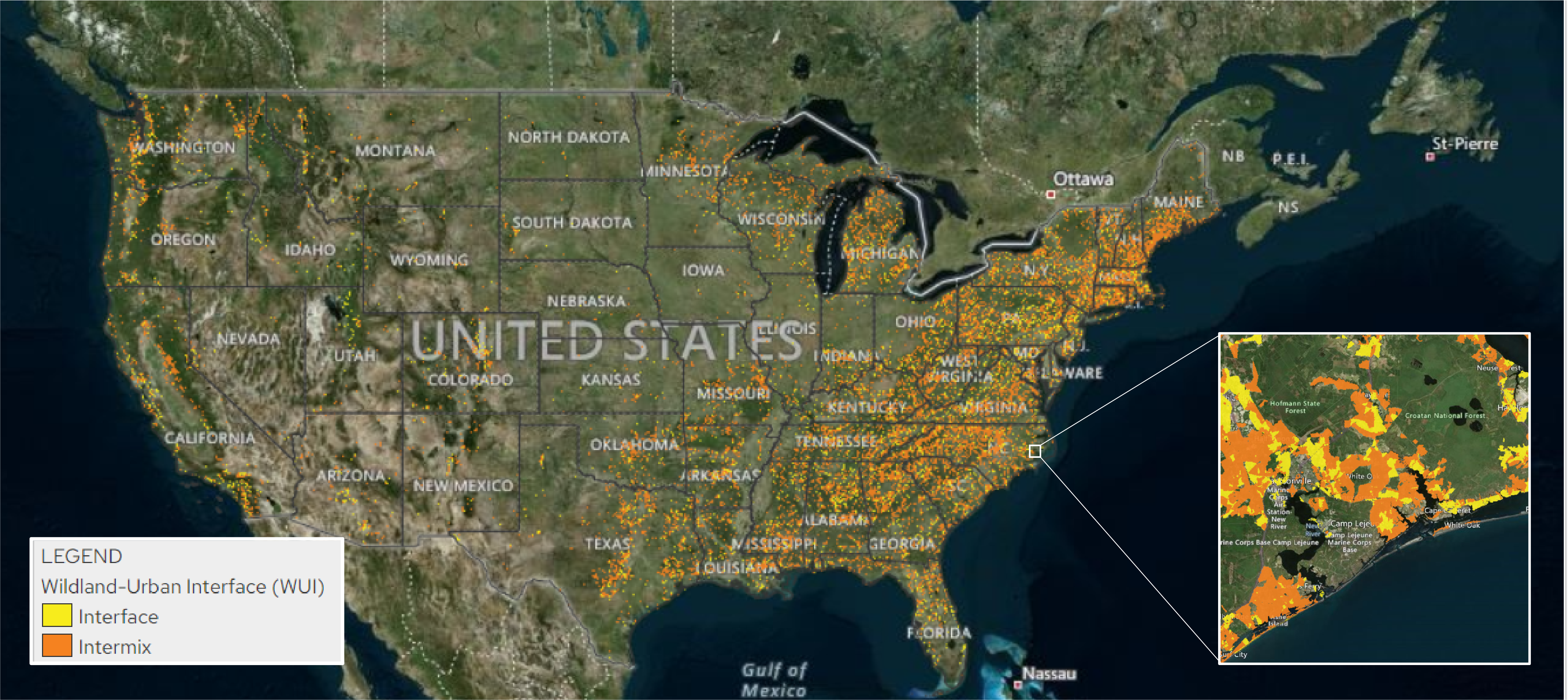 This map shows the state of the WUI in the US as of 2020. May courtesy of SILVIS Lab Spatial Analysis for Conversation and Sustainability.